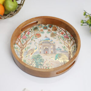 Peacock Palace Round Tray – Mughal-Inspired Art- Large (1 Piece)