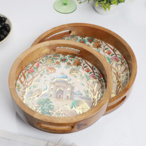 Taj Mahal Garden Wooden Tray Set – Mughal Art Design (Set of 2)